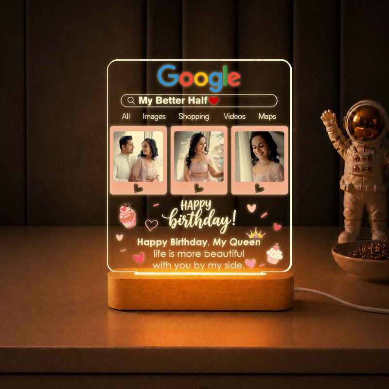 Personalized Google Page Theme Birthday Gift for Wife, Soulmate, Fiancée & Better Half – Warm Light Bedside Table Lamp with Wooden Stand Anniversary, Birthday & Valentine’s Day Gift